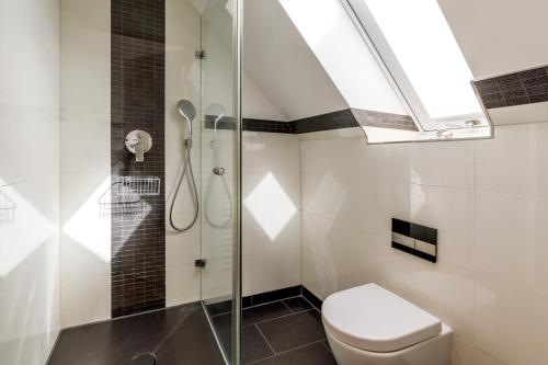 a bathroom with a shower and a toilet and a skylight at Himmelreich in Westerland