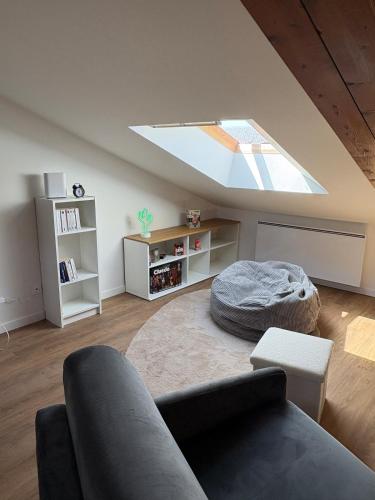 a living room with a couch and a skylight at Le Pompidou Clim - Parking - Terrasse - Centre in Albi