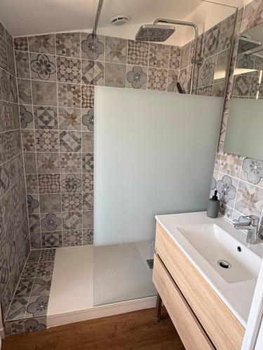 a bathroom with a sink and a mirror at Le Pompidou Clim - Parking - Terrasse - Centre in Albi