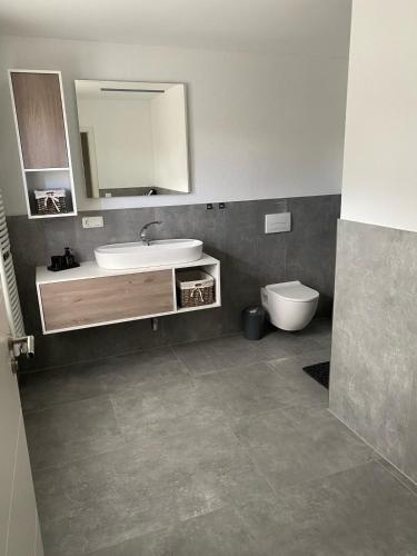 a bathroom with a sink and a toilet at Haus Dani in Oldenburg in Holstein