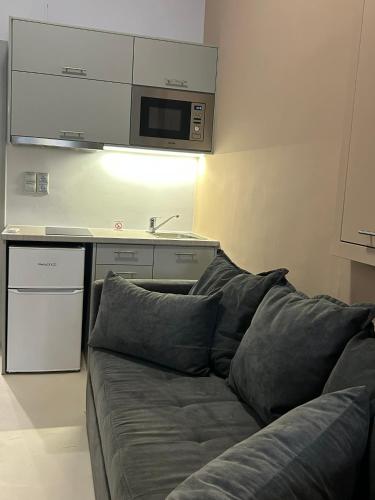 a couch in a living room with a microwave at Amalize Luxury Apartments in Karistos