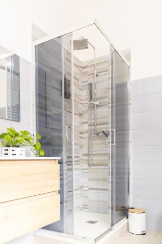 a shower with a glass enclosure in a bathroom at Ischera Apartments in Guspini