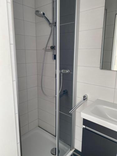 a shower with a glass door next to a sink at Hotel Sylvia in Norderney