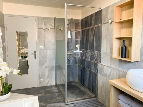 a bathroom with a shower and a sink at Le Logis de la Forge-10min puydufou in Mortagne-sur-Sèvre