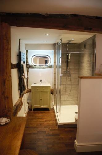 a bathroom with a shower and a sink and a toilet at Lower Tundridge Cottage in Worcester