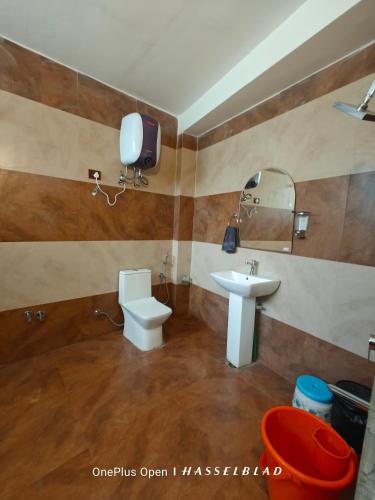 a bathroom with a sink and a toilet and a mirror at Mountain Orchid in Manāli