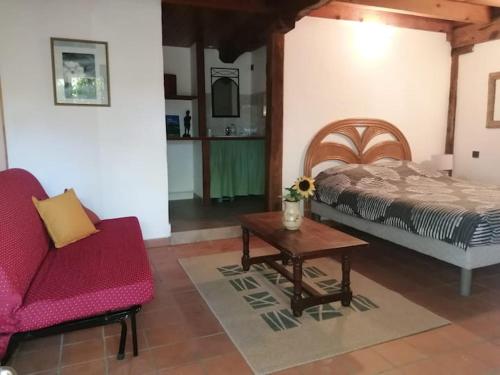 a bedroom with a bed and a table and a chair at La ferme des Perdilles in Biran