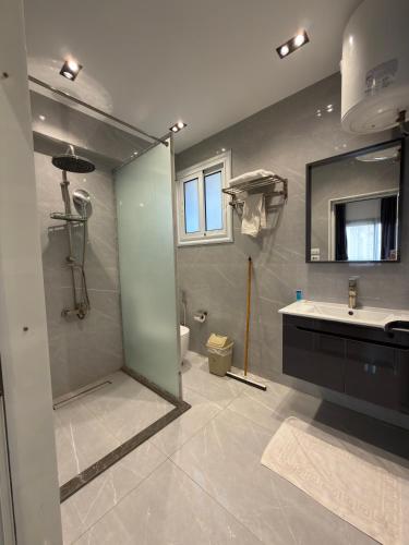 a bathroom with a shower and a sink and a toilet at Regal view Aparthotel in Cairo