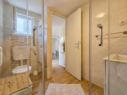 a bathroom with a glass shower and a toilet at Ivanka Studio in Dajla