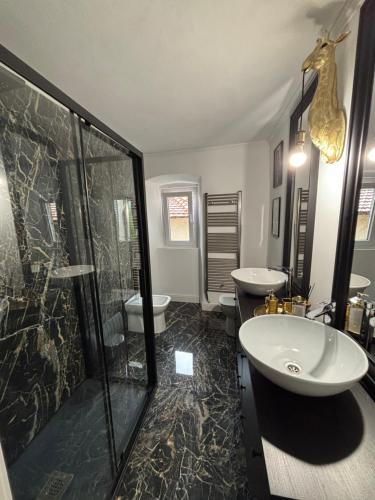 a bathroom with a sink and a shower and a toilet at La dolce vita in Zelbio