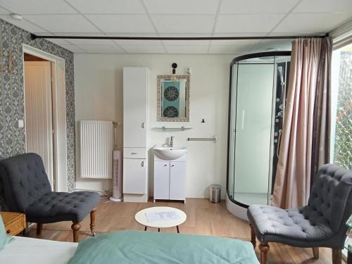 a room with a bed and two chairs and a sink at B&B aan het water in Earnewâld