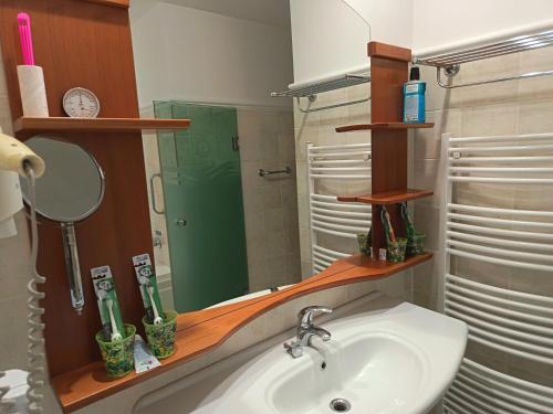 a bathroom with a sink and a mirror at alma713 apartman in Zalakaros