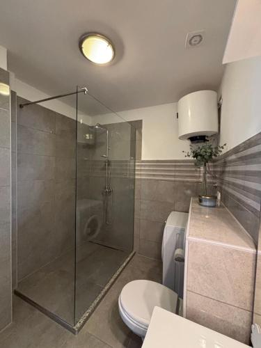 a bathroom with a glass shower and a toilet at Marija in Posedarje