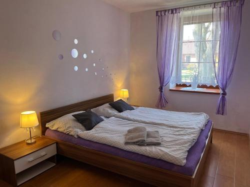 ein Schlafzimmer mit einem großen Bett und lila Vorhängen in der Unterkunft Apartmány Adéla in Český Rudolec