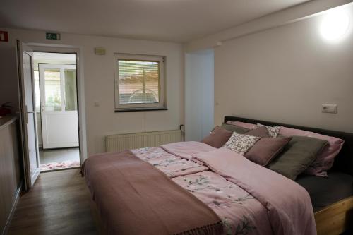 a bedroom with a bed with a pink blanket at Apartment Alana in Podvelka