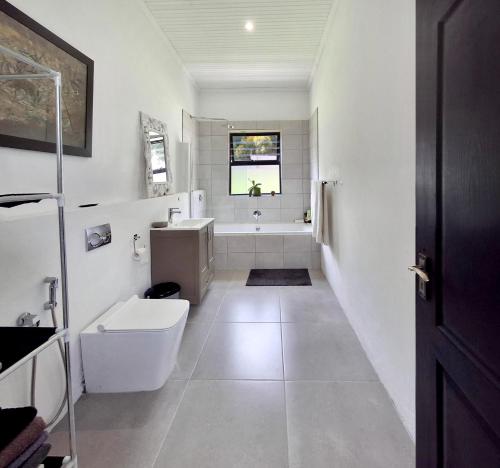 a bathroom with a toilet and a sink and a tub at Getaway between the sea and the mountains in Gordonʼs Bay