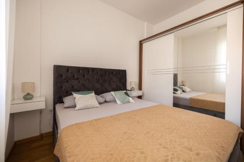 a bedroom with a large bed with a large mirror at Liman 5 Riverside 209 i 109 with Free Private Parking in Novi Sad