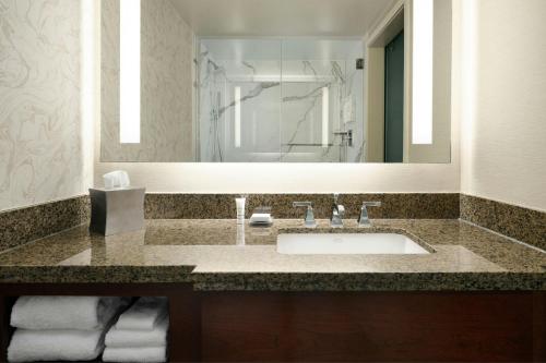 a bathroom with a sink and a large mirror at Durham Marriott City Center in Durham