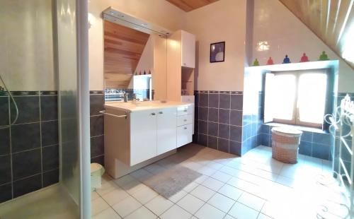 a bathroom with a sink and a shower at Gîte de Pradevin in Jou-sous-Monjou