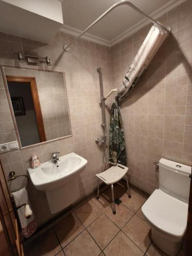 a bathroom with a sink and a toilet and a mirror at El Herrador in Nájera