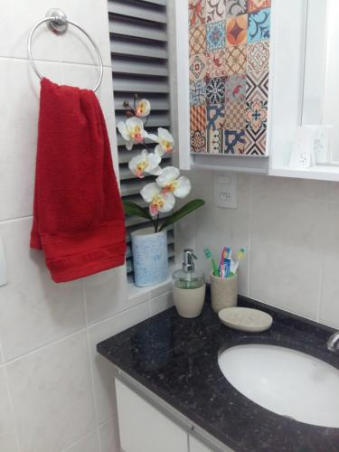 a bathroom with a sink and a red towel at Sol da Cachoeira in Florianópolis
