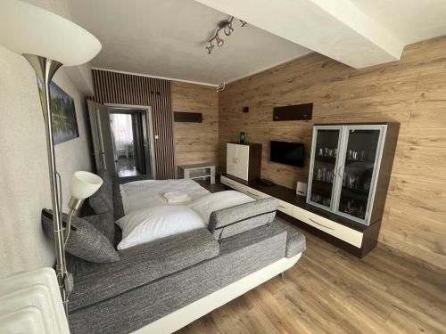 a bedroom with a large bed and a television at PINKY SQUARE apartman in Zvolen