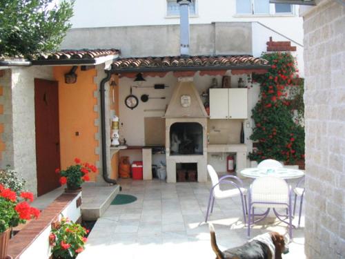 a dog standing in the courtyard of a house at Apartment Dady with a large covered terrace in Fažana