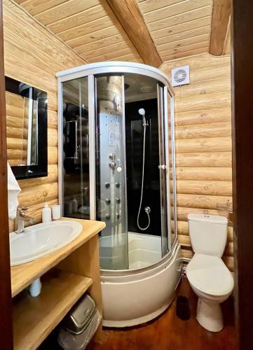 a bathroom with a shower and a toilet and a sink at Наше Місце in Krymno