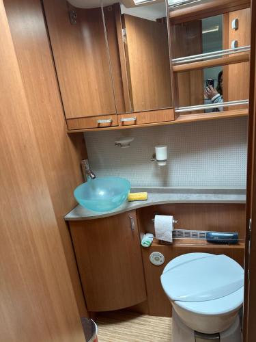 a small bathroom with a toilet and a sink at Camping car Paris in Savigny-le-Temple