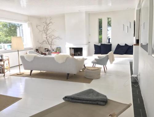 a living room with a white couch and a fireplace at Skagen Beach House in Ålbæk
