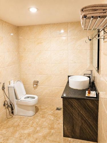 a bathroom with a toilet and a sink at Woodland Heritage Hotel in Kathmandu