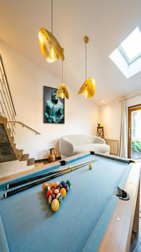 a living room with a pool table with balls at Gîte cottage & spa in Joze
