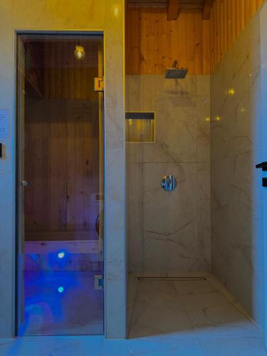 a shower with a glass door in a bathroom at Vlasic Odmor - Villa Biser & spa in Vlasic