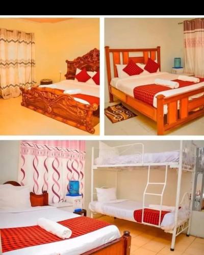 three different pictures of a bedroom with two beds at Homebase gardens guesthouse in Nakuru