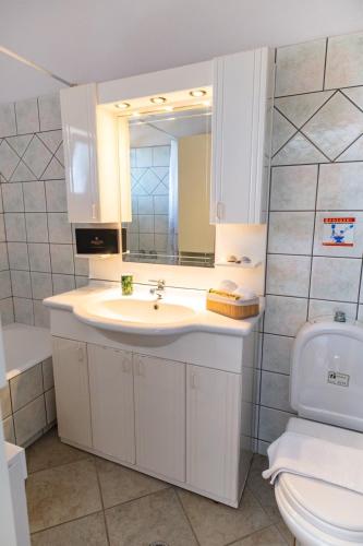 a bathroom with a sink and a toilet and a mirror at Aegean Verde Retreat in Sounio
