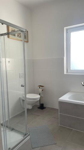 a bathroom with a toilet and a sink and a tub at Großes Monteurhaus Großharras in Großharras