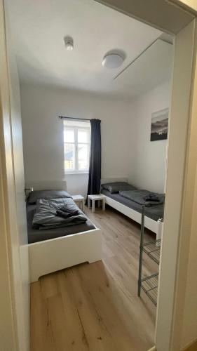 a bedroom with two beds and a mirror at Großes Monteurhaus Großharras in Großharras