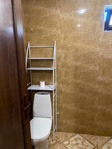 a bathroom with a toilet with a shelf above it at Nika's house in Mtskheta