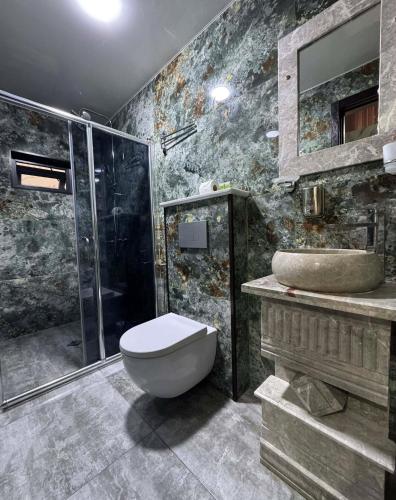 a bathroom with a toilet and a shower and a sink at Hotel City Building2 in Zugdidi