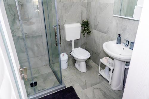a bathroom with a shower and a toilet and a sink at R & A Resident in Năvodari
