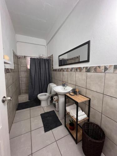 a bathroom with a sink and a toilet and a shower at Cozy Endz in Castries
