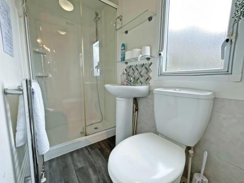 a bathroom with a toilet and a shower and a sink at Brechin Getaway the rowan 2 bedroom static in Angus