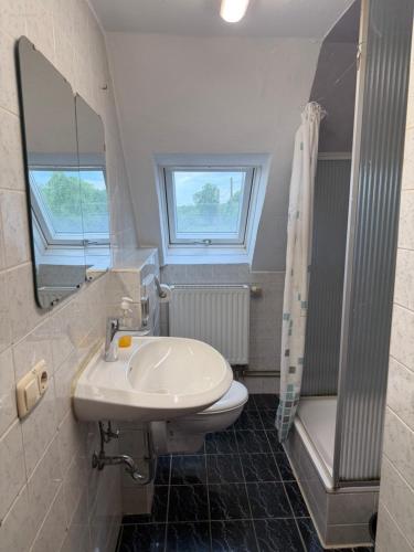 a bathroom with a sink and a toilet and a mirror at Gasthaus Bikertreff in Gablingen