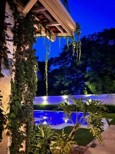 a view of a garden at night at Pousada Manacá Exclusive Suítes in Rifaina
