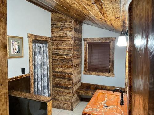 a bathroom with a wooden wall and a television at The Miner's Getaway in Lead SD in Lead