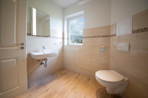 a bathroom with a toilet and a sink and a window at Ferienwohnung BEA 2 in Rabenkirchen-Faulück