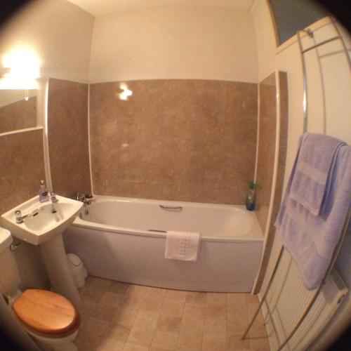 a bathroom with a tub and a toilet and a sink at Coombe Farm in Lynton
