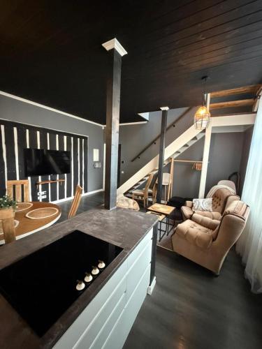 a person laying in a chair in a living room at MaxiMar Apartment With Sauna in Valga