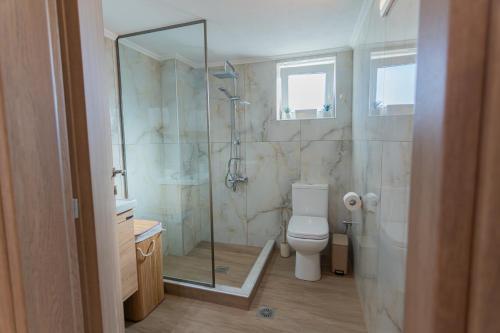 a bathroom with a shower and a toilet at La Marine Apartments in Kalandra