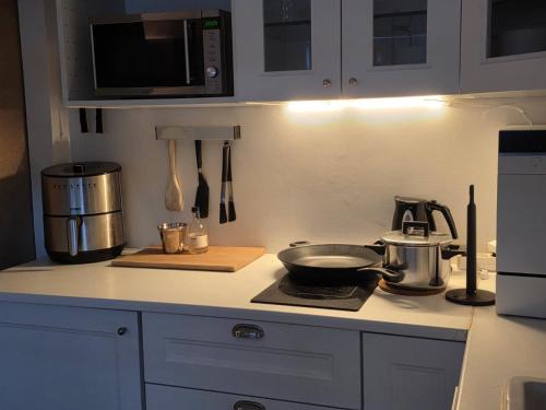 a kitchen with a counter top with a bowl on the stove at Eric the Red Guesthouse in Reykjavík